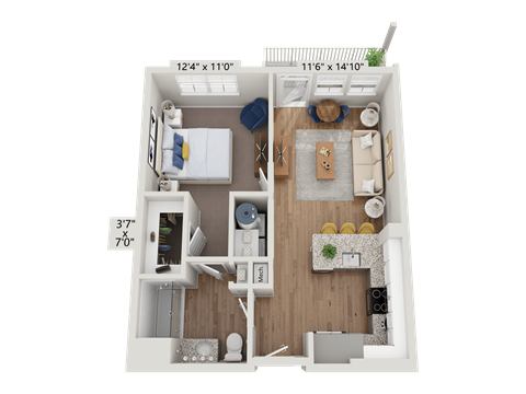 Floor plan for 1 bed, 1 bath, 615 sqft